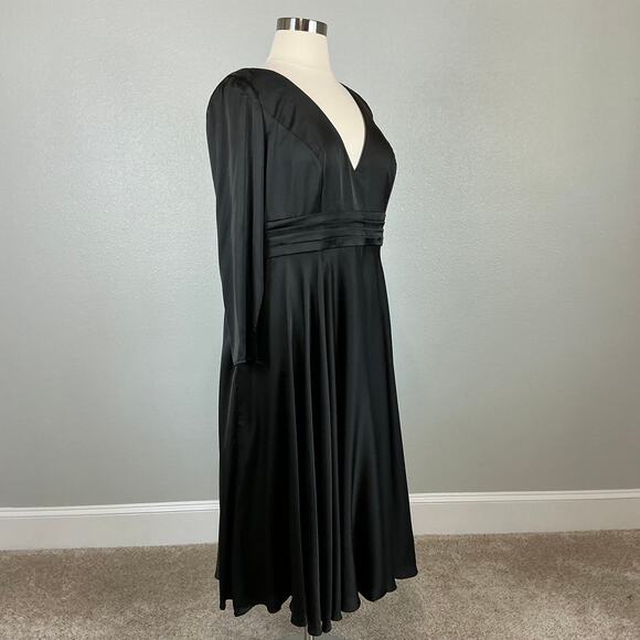 Mac Duggal Satin Long Sleeve Fit and Flare Midi Cocktail Dress Black Size 20W - Picture 2 of 13